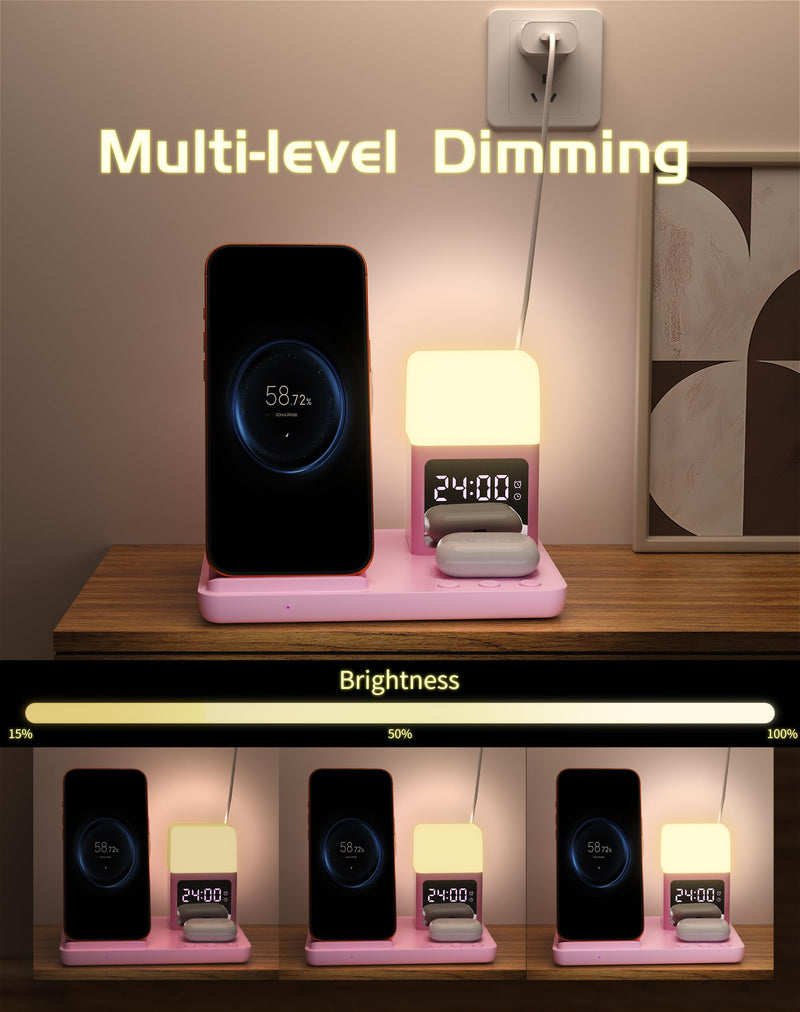 Wireless Charger for iPhone, 6in1 Fast Phone Charger Stand Dock Alarm Clock Night Light, Wireless Charging Station for Apple Watch, for Airpods 3/2/Pro, for iPhone 17/1615/14/13/12/11/Pro/Max (Pink) Pink