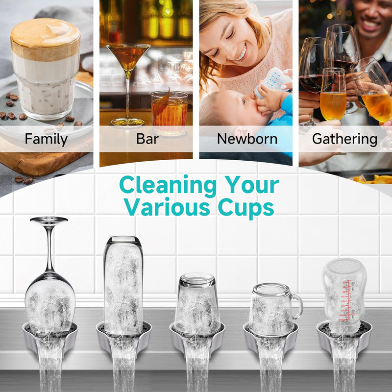 Glass Rinser for Kitchen Sink, High Pressure 360 Degree Rotating Spout Glass Rinser with Pull-out Spray Gun Design, Glass Cup Cleaner Sink Attachment Washer Baby Bottle, Glass Cup, Wine Glass (Silver) Silver