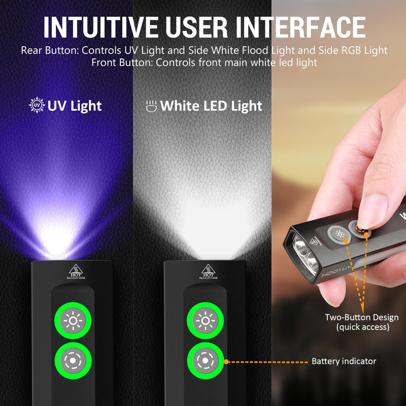Wurkkos HD01 UV Flashlight, Rechargeable EDC Flashlight, Led Flashlight with 365nm UV Light, 1200 Lumens Flat Flashlight with RGB, Pocket Light for Emergency, Pet Urine Detection (Black) Black
