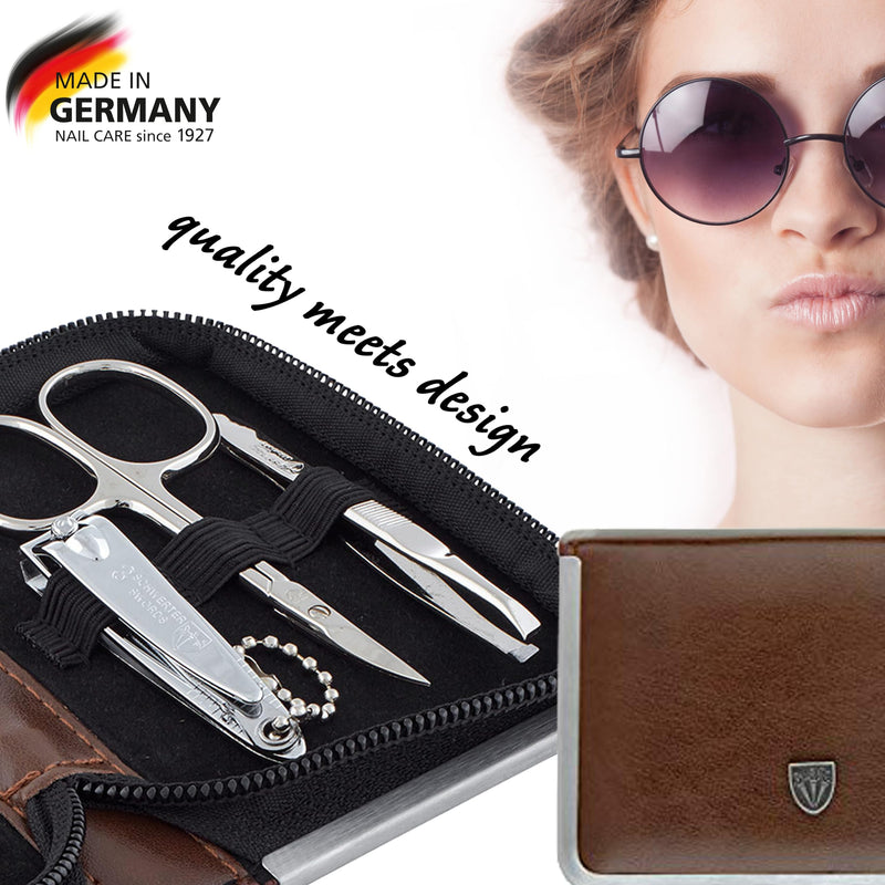 3 Swords Germany - brand quality 6 piece manicure pedicure kit set for professional finger & toe nail care with synthetic leather case - Made in Germany - brown