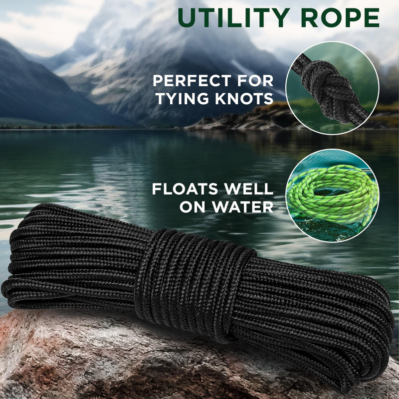 TECEUM Rope 1000lb – 1/4” & 3/8” – 90 FT | 150 FT – Strong All-Purpose Utility Rope – Camping, Crafting, Flag Pole, Indoor & Outdoor – Polypropylene Nylon Poly Lightweight Diamond Braided Cord – Black 1/4" - 90 FT (27.5M)