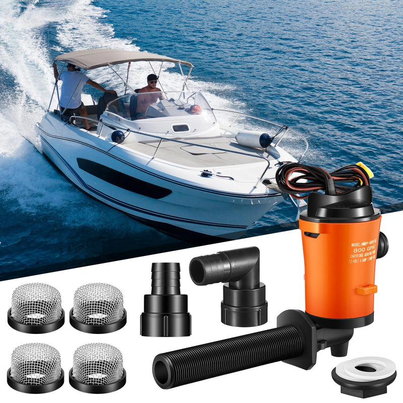 Retisee 12V 800GPH Livewell Pump Kit for Boat Aerator Pump with 4 3/4'' Stainless Steel Mesh Strainer Marine Baitwell Replacement for Fishing Tank Submersible Cartridge Aerator Boat Marine Yacht