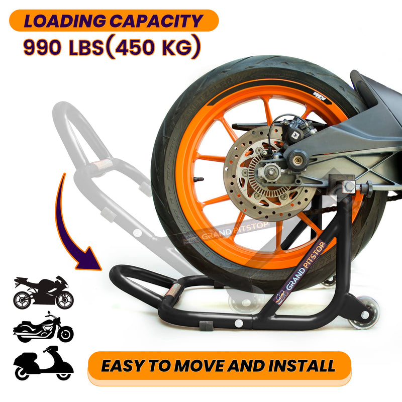 GRAND PITSTOP Motorcycle Stand, Paddock Lift Stand for Rear Wheel with Fork & Swingarm Spool,Weight capicity 529 lbs/240 Kg's, Dismantable Stand, for Honda Kawasaki Suzuki Motorcycles, Black