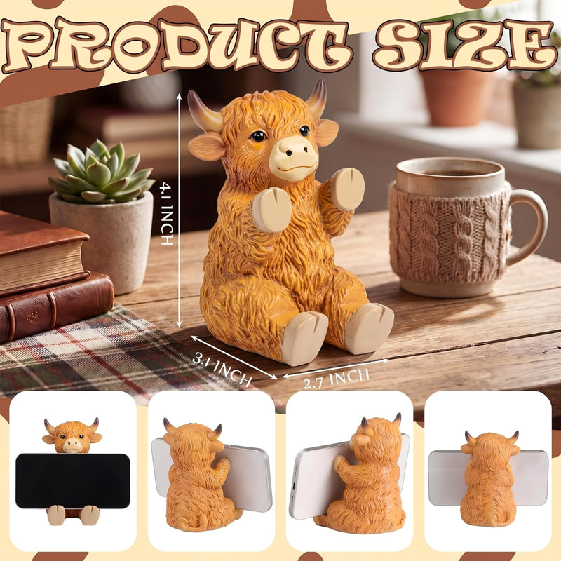 Highland Cow Phone Stand for Desk, Resin Cow Figurines Phone Holder | Cute Animal Desktop Statues, Western Cow Desk Accessories with Stable Base for Home Office Table Decor Friends Gifts Brown