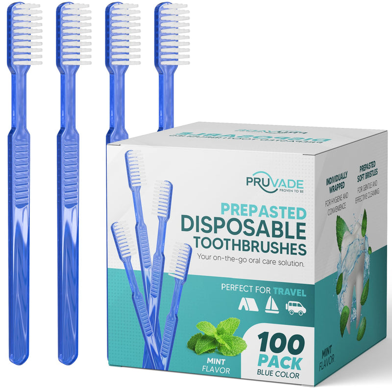 100 Pack Disposable Toothbrushes with Toothpaste Built In | Mint Prepasted Toothbrushes Individually Wrapped - Blue Single Use Waterless Toothbrush with Soft Bristles for Work, Camping, Travel 1 Count (Pack of 1)