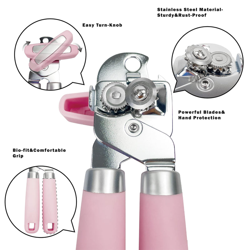 Manual Can Opener, Handheld Tin Opener Cork Screw, Easy Turn Knob, Built in Bottle Opener, Hangs for Convenient Kitchen Storage, Easily Open Tin Cans, 2 Silicone Lid Cover for Can, Pink 7.87 x 2.72 x 2.17 inches