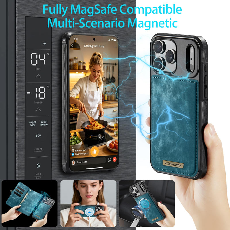 Compatible with iPhone 17 Pro Max Wallet Case with Magsafe with Zipper & Card Holder Strap Wristlet Detachable Magnetic Protective Back Case for iPhone 17 Pro Max 5G 6.9 Inch (Blue) iPhone 17 Pro Max 6.9 Inch (Detachable and Magsafe)-Blue