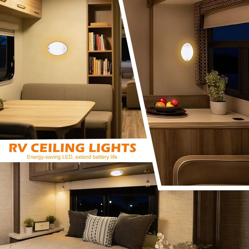 Facon 12V RV Interior Lights with Fast USB Charger (5V/2.4A) – Oval Pancake LED Ceiling Light Fixture with Switch, 12Volt Lighting for RV, Camper, Boat, Tiny Homes with Switch and USB Charger Socket