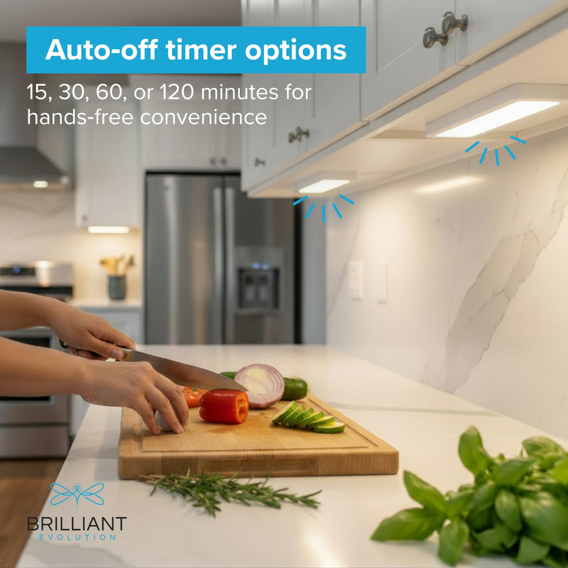 Brilliant Evolution Wireless LED Under Counter Lights with 2 Remote Controls - 6-Pack Battery Operated Under Cabinet Lighting Fixtures - Stick On Push Lights with Timer - Warm White, 8.5x2x1-Inch Remote Control 6 pack