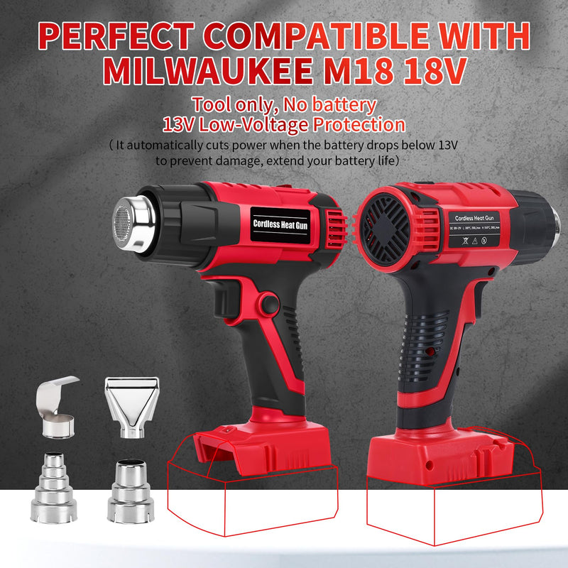 380W Cordless Heat Gun for Milwaukee M18 Battery Users – 572°F and 1022°F Dual Temp, Temp Lock, LED Light, 4 Nozzles, 4S Auto-Cool, Overheat Protection | Shrink Tubing, Vinyl Wrap, Electrical Work