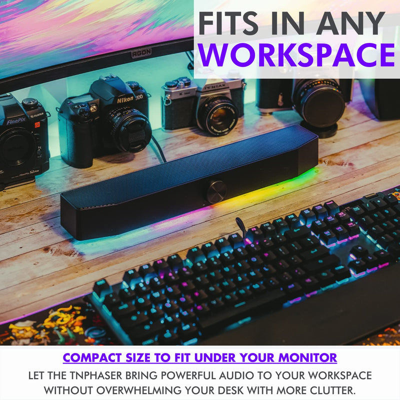 Tilted Nation Gaming Soundbar - Monitor Sound Bar for PC - RGB Computer Speakers for Desktop PC (Wireless or USB Wired) Crisp Audio and Adjustable LED Black