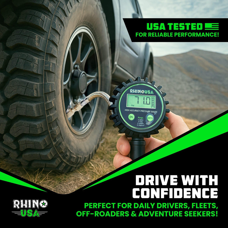 Rhino USA Digital Tire Pressure Gauge with Inflator (0-200 PSI) - Heavy Duty Air Chuck and Compressor Accessories with Stainless Braided Hose, Large 2" Dial and Solid Brass Hardware for Truck and RV 200psi Digital