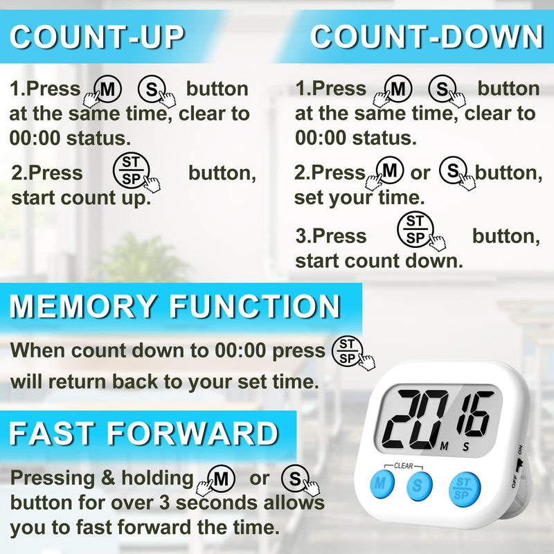 ZILLEEN Kitchen Timer Digital with Magnetic Back for Kids Classroom, White 12 Pack White & White 6