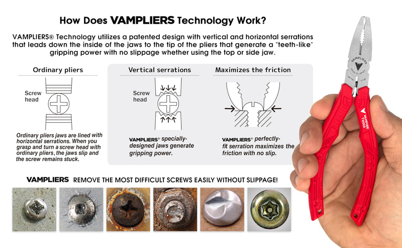 VAMPLIERS 6.25" Stripped Screw Extractor Pliers. Made in Japan. Time-Saving Screw Removal Tool Quickly Extracts Rusted, Stuck, Damaged Screws & Fasteners. 6.25" Vamplier