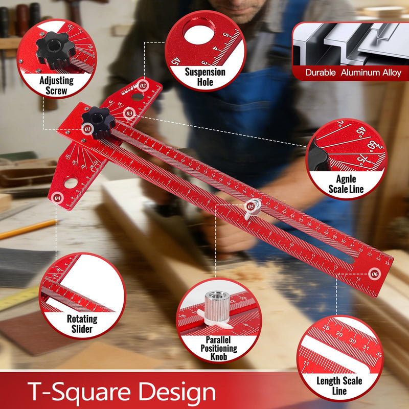 Woodworking Scriber Marking Line Ruler, Adjustable T-Square Ruler with Carpenter Pencil, Aluminum Alloy Sliding Woodworking Tools Precision Line Drawing Ruler with Angle Adjustment Scale