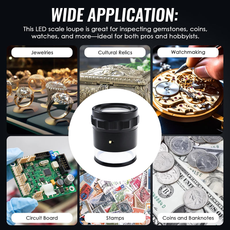 10x Jewelers Loupe, Illuminated Magnifying Glass, Portable Pocket Reading Magnifier with 25mm with LED Focused Eye Loupe Magnifier for Gems,Coins, Interchangeable Reticle Scale (4 Scale Glass) 4 Scale Glass