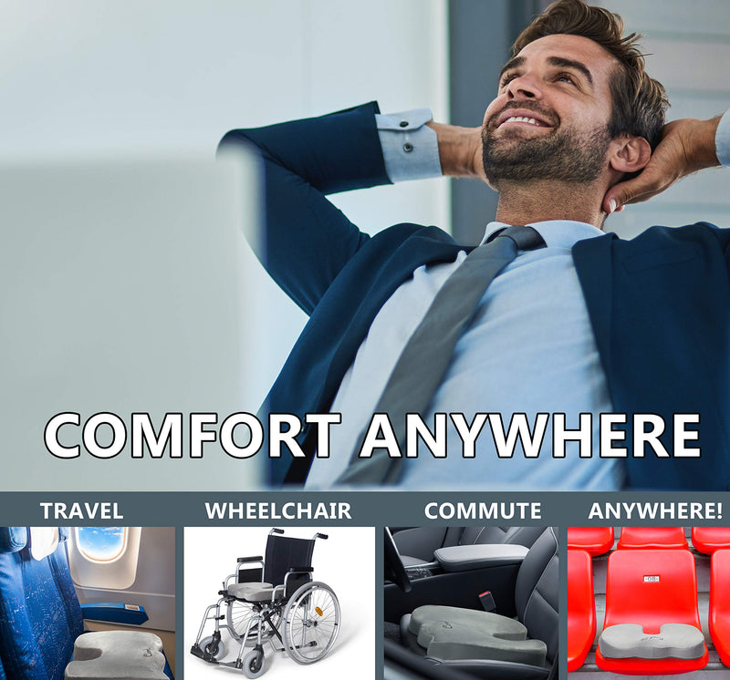 ComfiLife Premium Comfort Seat Cushion - Non-Slip Orthopedic 100% Memory Foam Coccyx Cushion for Tailbone Pain - Cushion for Office Chair Car Seat - Back Pain & Sciatica Relief (Gray) Gray