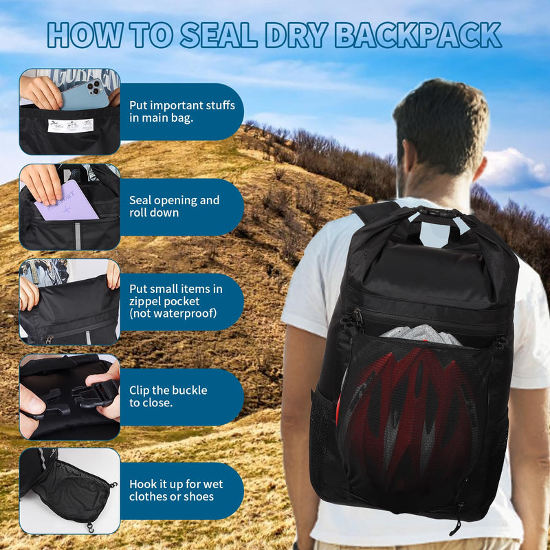 Dry Bag Backpack,20L Dry bags Waterproof Kayaking with Waist Pouch and Phone Case,Waterproof Backpack Marine dry bag for Kayaking,Beach,Rafting, Boating,Hiking,Camping and Fishing (Black) Black
