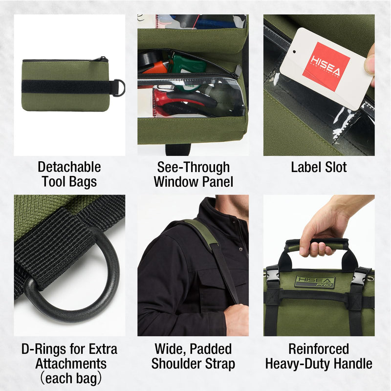 HISEA Roll Up Tool Bag, Heavy Duty Tool Storage Large-Capacity, 27"*14" Portable Tools Organizer with Utility Detachable Pouches, Waterproof Tool Roll Bag for Mechanic, Electrician, Gifts Green 14inch