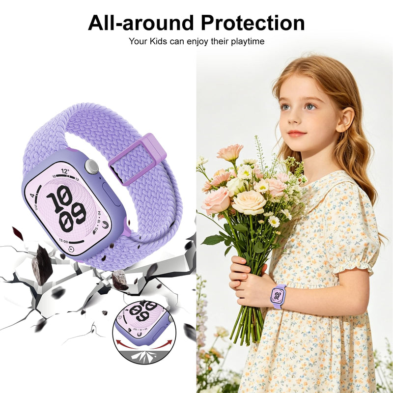 Compatible with Kids Apple Watch Band with Case 38/40/41/42/44/45mm Braided | for iWatch Series SE3 SE2 SE 9 8 7 6 5 4 3 2 1, Nylon Elastic Magnetic Clasp Strap and Protective Cover with Tempered Glass LilacPurle 40mm-series 6/5/4/Se1/Se2/Se3