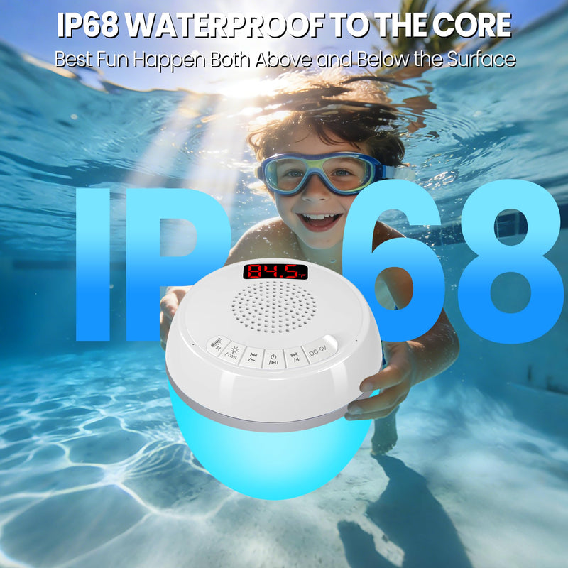 AearKing 3in1 Floating Pool Speaker with Digital Pool Thermometer & Lights | RGB Lights, TWS, IP68 Waterproof, Bluetooth 5.0, 360° Surround Sound, LCD Temperature Display, ABS,USB Charging White