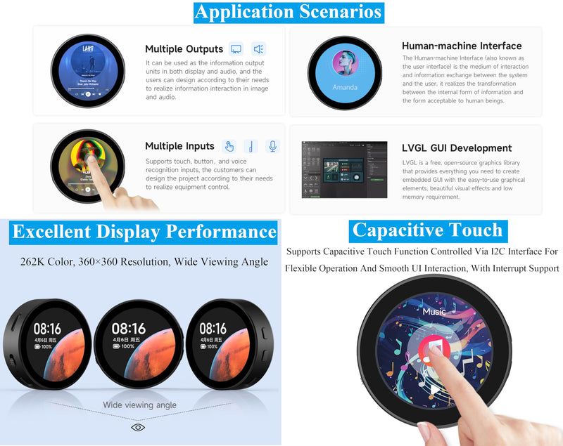 ESP32-S3 with 1.85inch Touch Round LCD Development Board, 360x360, Support W-i-Fi & BLE 5, Smart Speaker Box, AI Speech, Supports AI Speech Interaction and Offline Voice Control