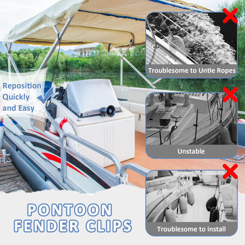 Pontoon Fender Clips for Square Rails, Mental Pontoon Boat Bumpers Clips for Docking Pontoon, Adjustable Boat Fender Clips Boat Fender Hangers with Extra Clips, 4 Pack