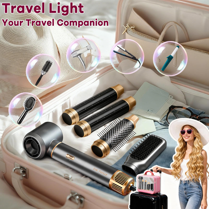 Dryhsip 5 in 1 Hot Air Brush with Detachable Heads, Hair Dryer & Styler (Curling Wand, Volumizer, Straightener), Compact Lightweight Travel Styler for Women (Grey) Pearl Grey