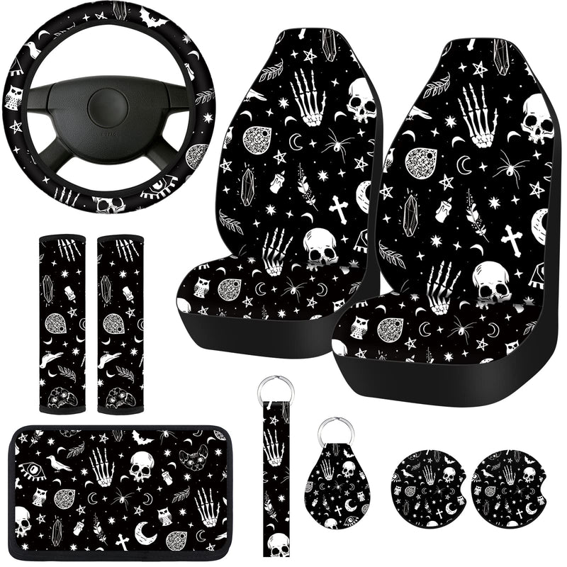 10 Pcs Moon Star Car Seat Cover Full Set for Women Men Steering Wheel Cover Front Seat Cover Belt Pad Armrest Pad Cover Car Coaster Keychain Wrist Holder for Universal Car SUV Truck(Vivid Pattern)