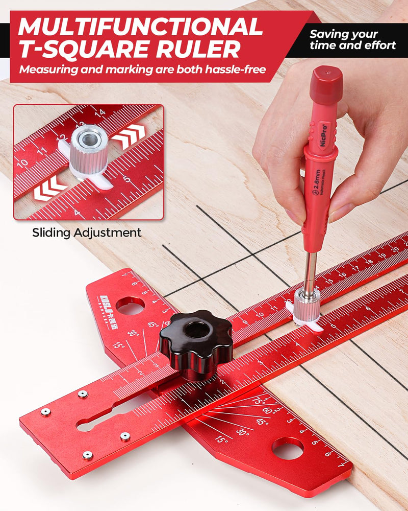 Nicpro Woodworking Scriber Marking Line Ruler, Adjustable Aluminum Alloy Sliding T-Square Ruler with Carpenter Pencil, Angle Adjustment Scale, Precision Line Drawing aid Ruler Tools for Woodworking