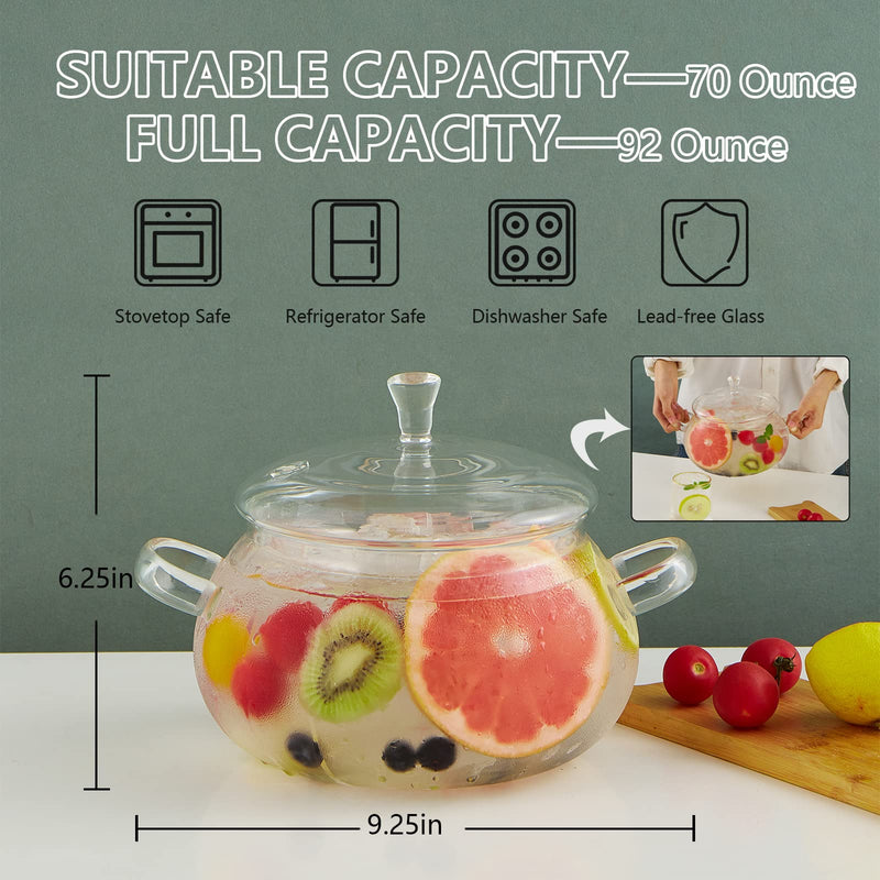 2450ML/83oz Glass Clear Saucepan with Lid,Best Handmade Easy Clean Heat Resistant Glass Cooking Pot for Noodles, Soup, Cereals, Fruits
