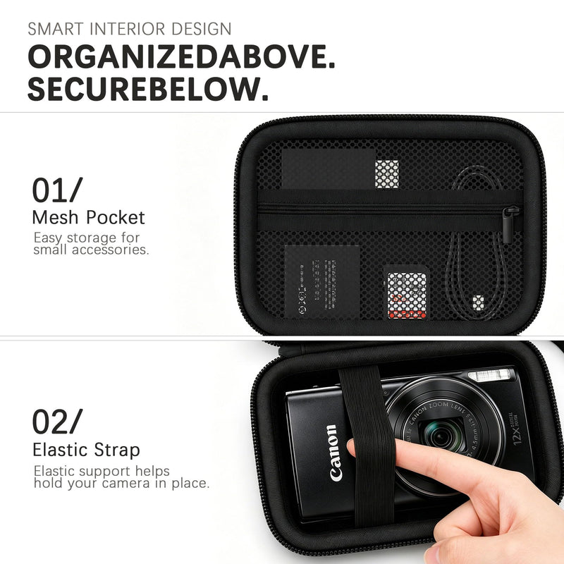 Case for Canon PowerShot ELPH 360 HS A/ 360 HS/ 360/ IXY 650 Digital Camera | Camera Carrying Case Storage Holder Protective Bag. Mesh Pocket Fits Battery Charger Memory Card Accessories. Black+ Black Black+Inside Black