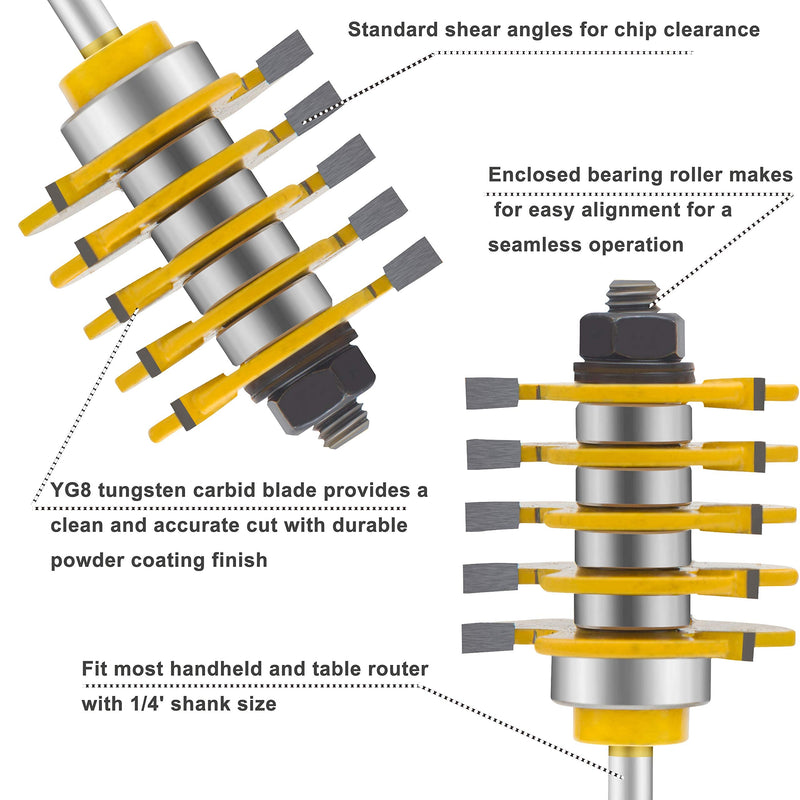 1/4 Inch Shank Router Bit Set & 5 Finger Joint 3Pcs, Tongue and Groove Wood Milling Cutter Drilling Carbide Tool For Door Table Cabinet Shelve(1/4-5 Finger) 3
