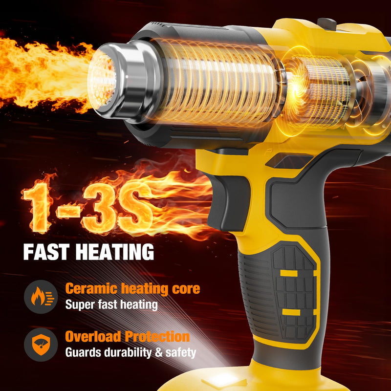 Cordless Heat Gun for De-WALT 20V MAX Battery, 7Pcs Nozzles&Scraper, LED Light, 350W Fast Heating Soldering Hot Air Gun, 2-Temp Setting Max 990℉(532℃), Heat gun for Shrink Tubing, Crafts (Tool Only) Yellow (Battery and Charger Not Included)