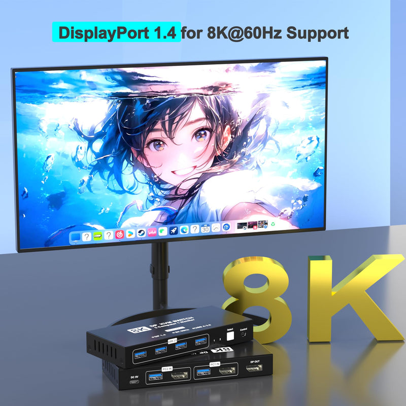 8K@60Hz DisplayPort KVM Switch 1 Monitors 2 Computers, USB KVM Switches with 4 USB 3.0 Ports Sharing Keyboard Mouse Printer, Display Port Switch 2 in 1 Out, Monitors Switcher for 2 Computers