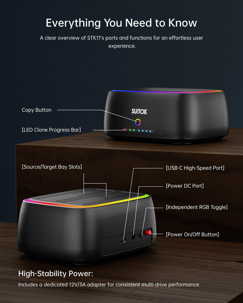 Dual Bay SATA Hard Drive Cloner Dock USB C 5Gbps | 2.5" 3.5" | 40TB | HDD SSD Docking Station, Offline Duplicator External Data Reader Storage Backups Recovery RTL9201DP RGB Light for Laptop PC Black [STK11 6Gpbs Dual Bay SATA Dock]