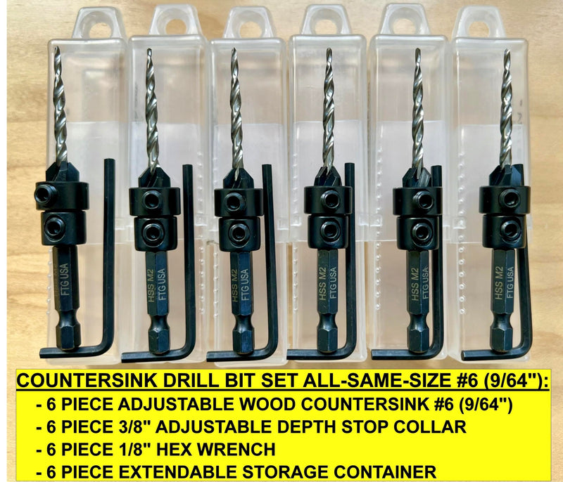 FTG USA 6 Pc #6 (9/64") Countersink Drill Bit Set with Tapered Drill Bits for Wood, Depth Stop Collar, Hex Wrench and Storage Container Same Sort 6 Pc