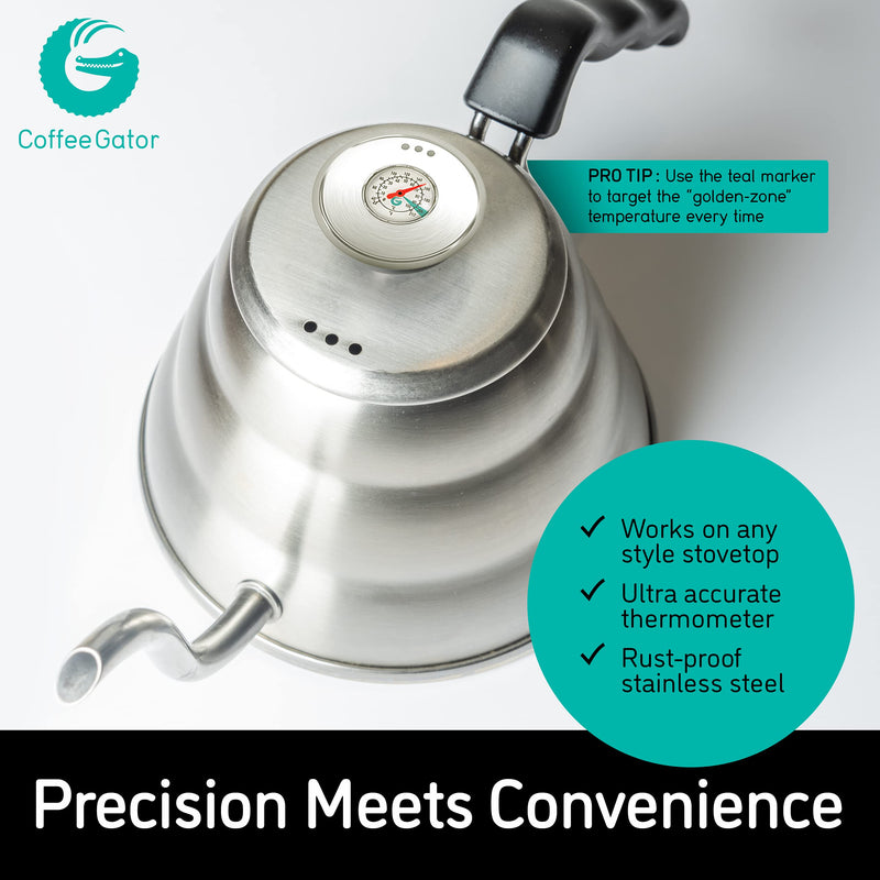Coffee Gator Gooseneck Kettle with Thermometer - 40oz Premium Stainless Steel Pour Over Coffee Maker Kettles, Stove Top, w/Precision Drip Spout, for Drip Coffee, French Press, Tea Kettle, 5 Cup, 1.2L 40 fl oz