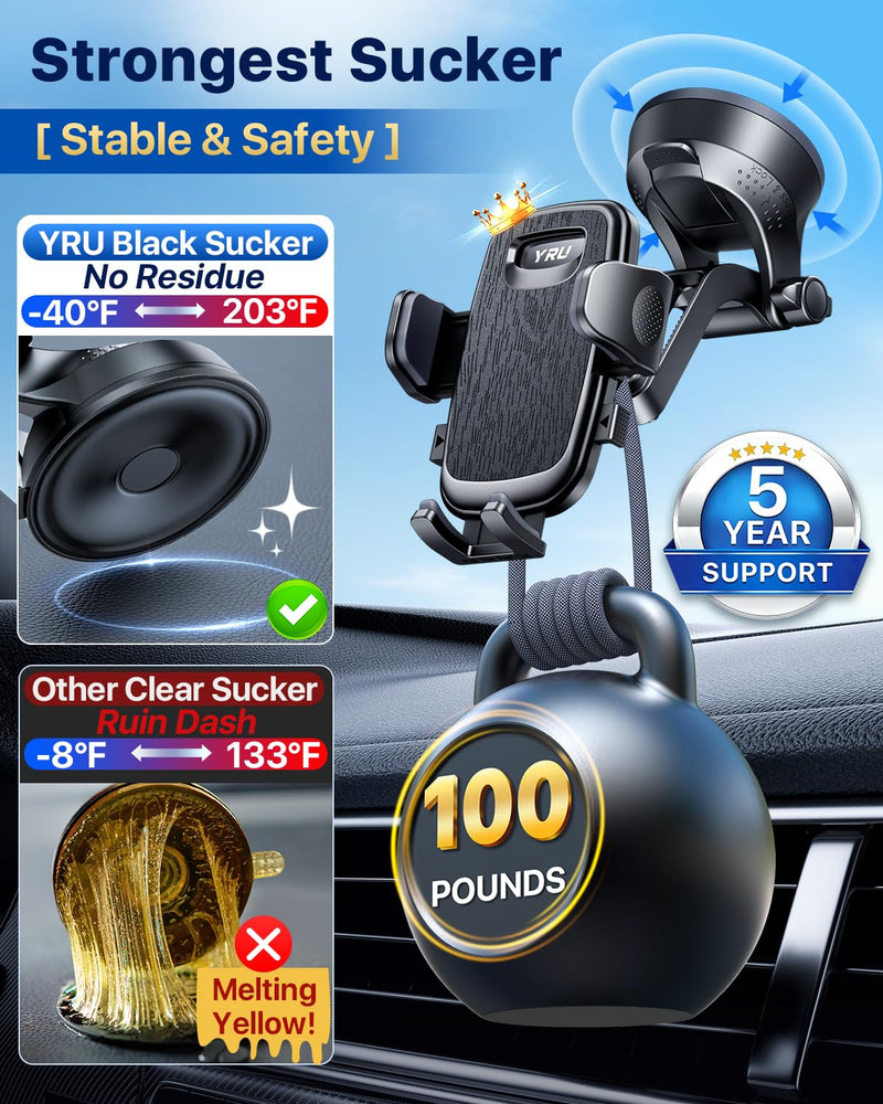 YRU 2026【100+LBS Suction & Flexible Low-Profile Arm】 Car Phone Holder Mount | 【Newest Upgrade Military-Grade & Safety Cert】360°Rotate Dash Windshield Vent Truck Cradle for iPhone17 16 Pro Max, Dark Black