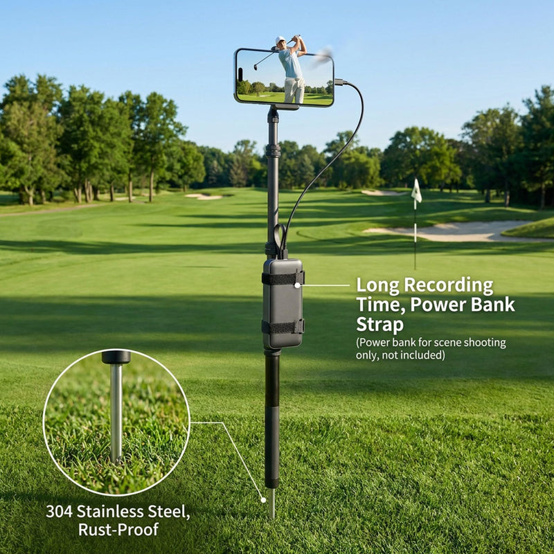 Ground Golf Monopod Phone Stand with Stainless Steel Spike | 46" Metal Extendable Pole, Phone Holder with Power Bank Straps, Golf Swing Video Recording for MagSafe & Smartphones