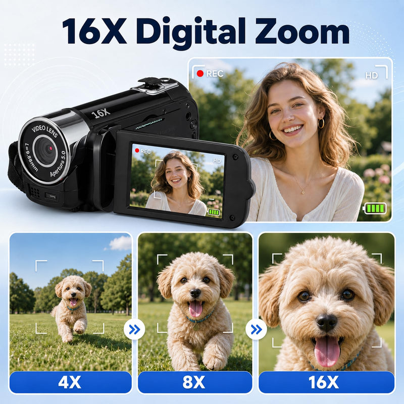 Portable Digital Camcorder Video Camera 1080P DV Camera Vlog Recorder | 2.7-inch LCD Screen 16x Digital Zoom and Built-in Battery with 32GB Card for Teens Beginners(Black) Black