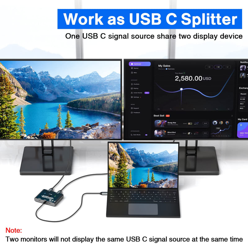 USB C Switch 2 in 1 Out USB C Switcher Selector for 2 Laptops Share 1 USB Device, 4K@60Hz/10Gbps Data Transfer and 100W PD Charging, Wired Control and 2 UBS C Cables USB C Switch 2 in 1 out
