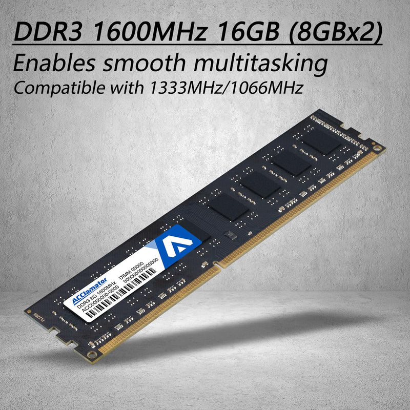 Acclamator DDR3 RAM 16GB (2x8GB) 1600MHz (PC3-12800) CL11 1.5V UDIMM | Non-ECC Unbuffered 240-pin PC Computer Desktop Memory Module Upgrade