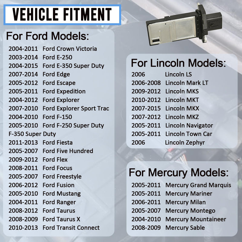Mass Air Flow Sensor MAF Sensor Compatible with Ford Escape Expedition Explorer F150 F250 F350 Lincoln MKX MKZ Navigator Town Car Mercury Mariner Mountaineer Replaces 3L3Z-12B579-BA MAF0012