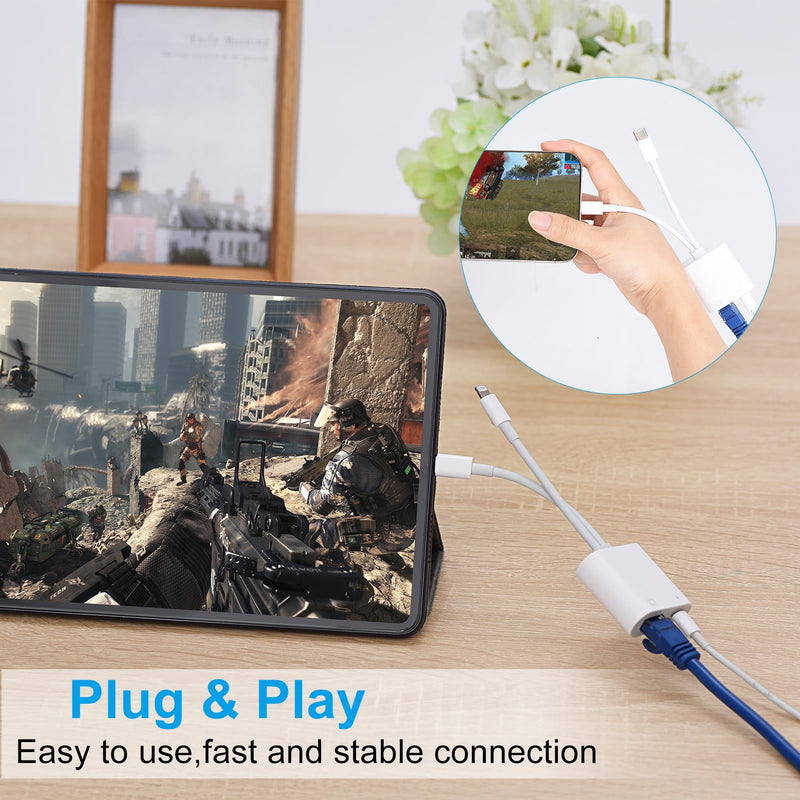 Lightning and USB C to Ethernet Adapter,2 in 1 RJ45 Ethernet LAN Network Adapter with Charge Port Compatible with iPhone/iPad/iPod/Samsung and More,Supports 100Mbps Plug and Play Lightning and USB C to Ethernet Adapte