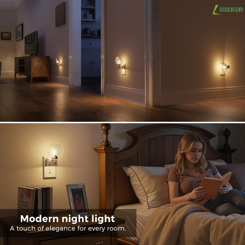 L LOHAS LED Night Light, Night Lights Plug into Wall, Shell Style Glass Nightlight Rotating, Dimmable Nightlights Plug in with Light Sensor, Soft White Nightlights for Hallway Bedroom Bathroom, 2 Pack