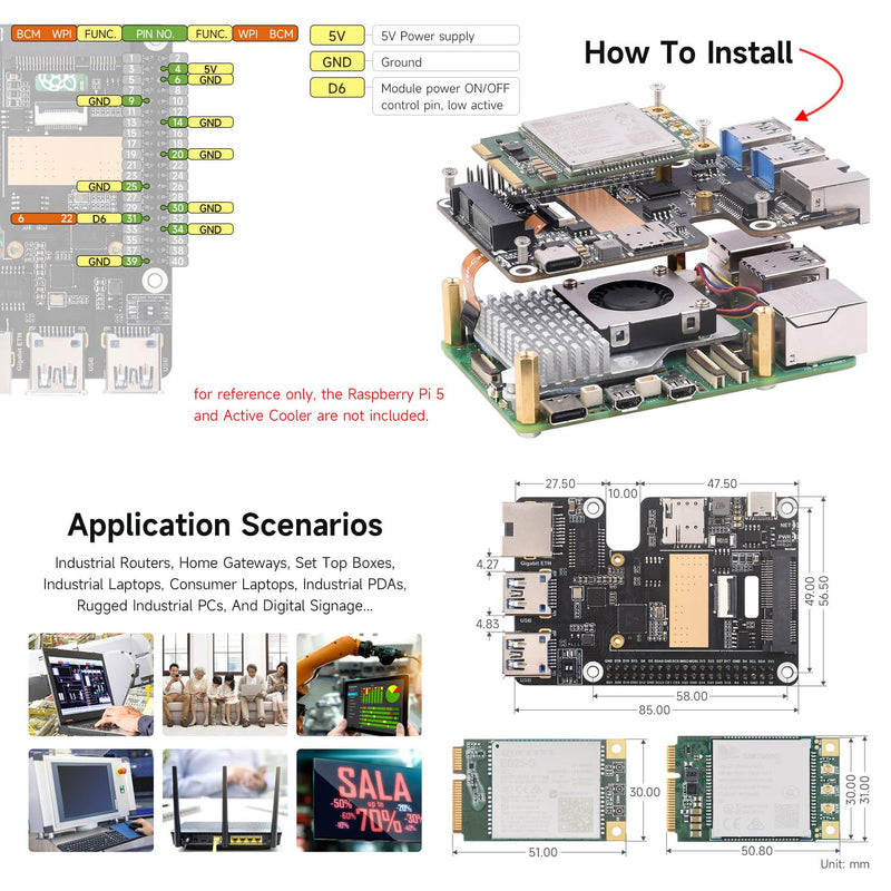 Waveshare PCIe to MiniPCIe/Gigabit Ethernet/USB 3.2 Gen1 HAT, Compatible with Raspberry Pi 5, Supports MiniPCIe Interface 4G Module, High-Speed Networking, Multiple OS Support