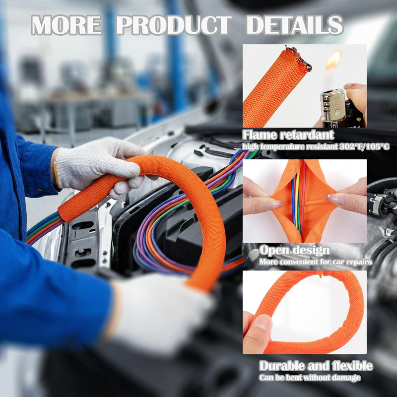 Automotive Wire Loom Temperature Braided Cable Sleeve, Split Sleeve Self-Wrapping Wire Harness Protector Car Cable Management Lot, 300°F Heat Resistant & Flame Retardant Black 1/4"-20Feet