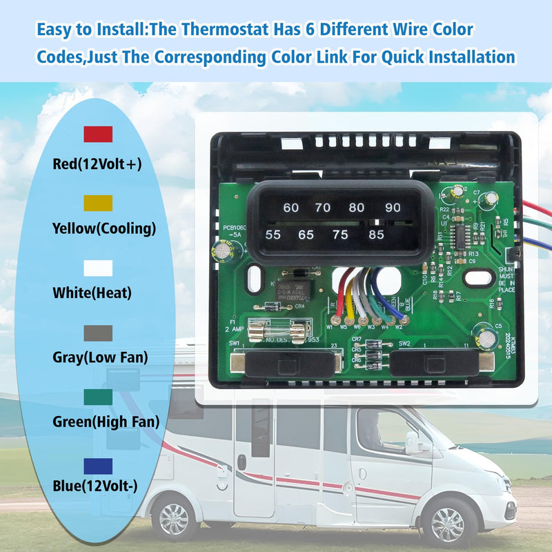 7330F3852 RV Air Conditioner Thermostat, Black, Single Stage Heating/Cooling Control, Compatible with Coleman Mach Series