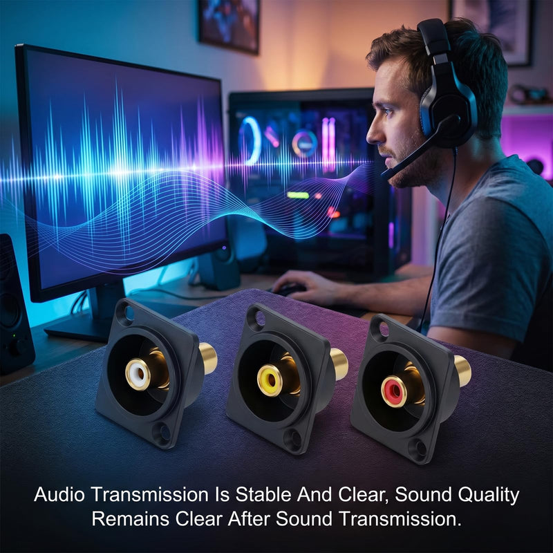 3 Pcs Gold Plated RCA Panel Mount Adapter, 3 Color RCA Female to Female Av Chassis Socket Connectors RCAs Chassis Socket Av Audio Connector for Stereo Amplifier Home Cinema TV